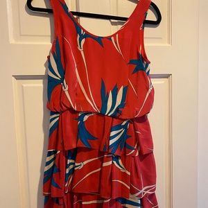 Sariah size 4 tiered silk party dress, red with blue and white tropical print